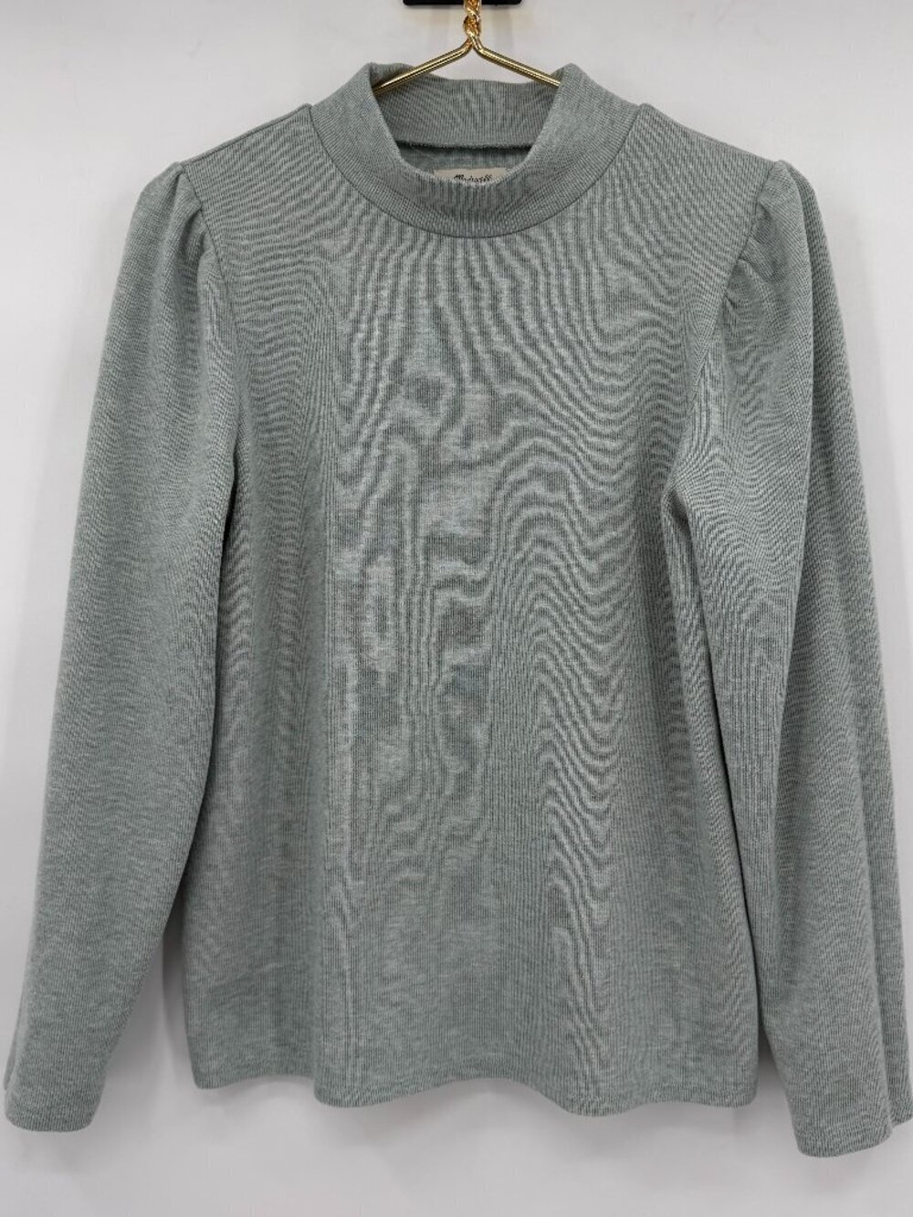 Madewell Womens Sage Green Mock Neck Ribbed Knit Top Puff Sleeve Minimalist L